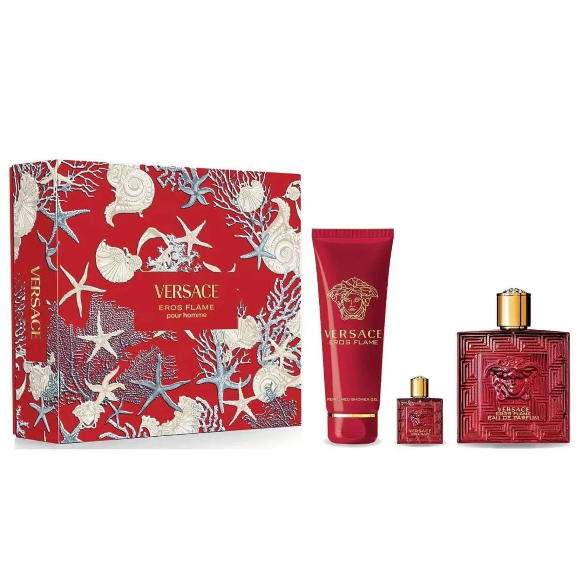 Versace Eros Flame 3 Pcs Cologne Gift Set For Men 3.4 oz Edp Spray + Shower Gel