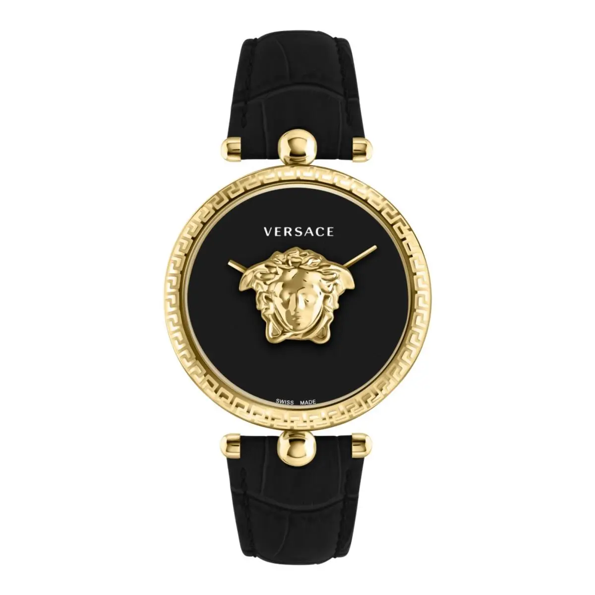 Versace Palazzo Empire Women`s Watch 39mm Gold Tone Case Black Enamel Dial - Dial: Black, Band: Black