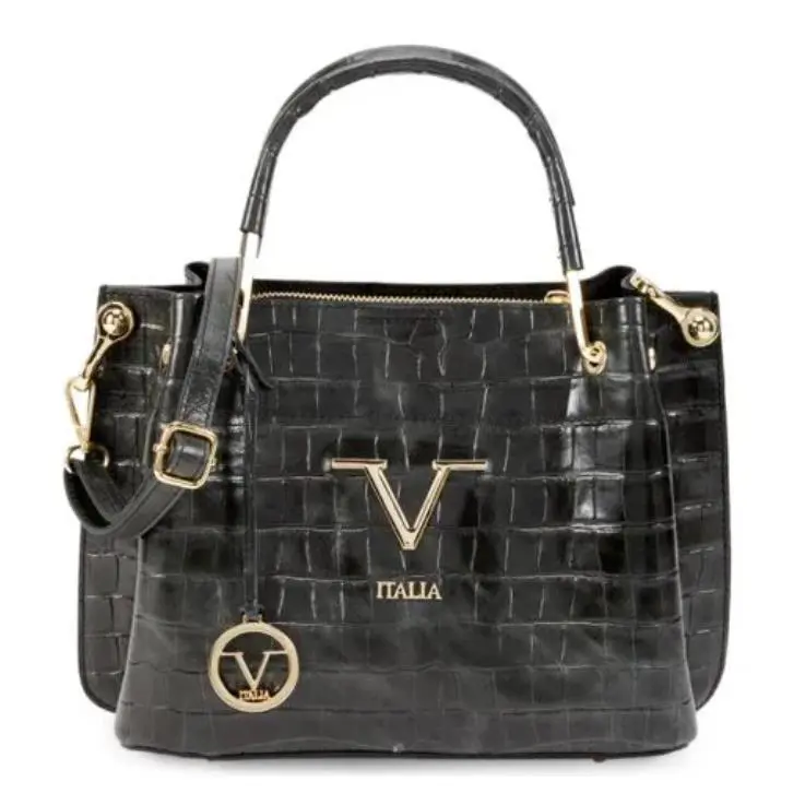 V Italia Versace 1969 Leather Croc Embossed Satchel Handbag Made in Italy Black