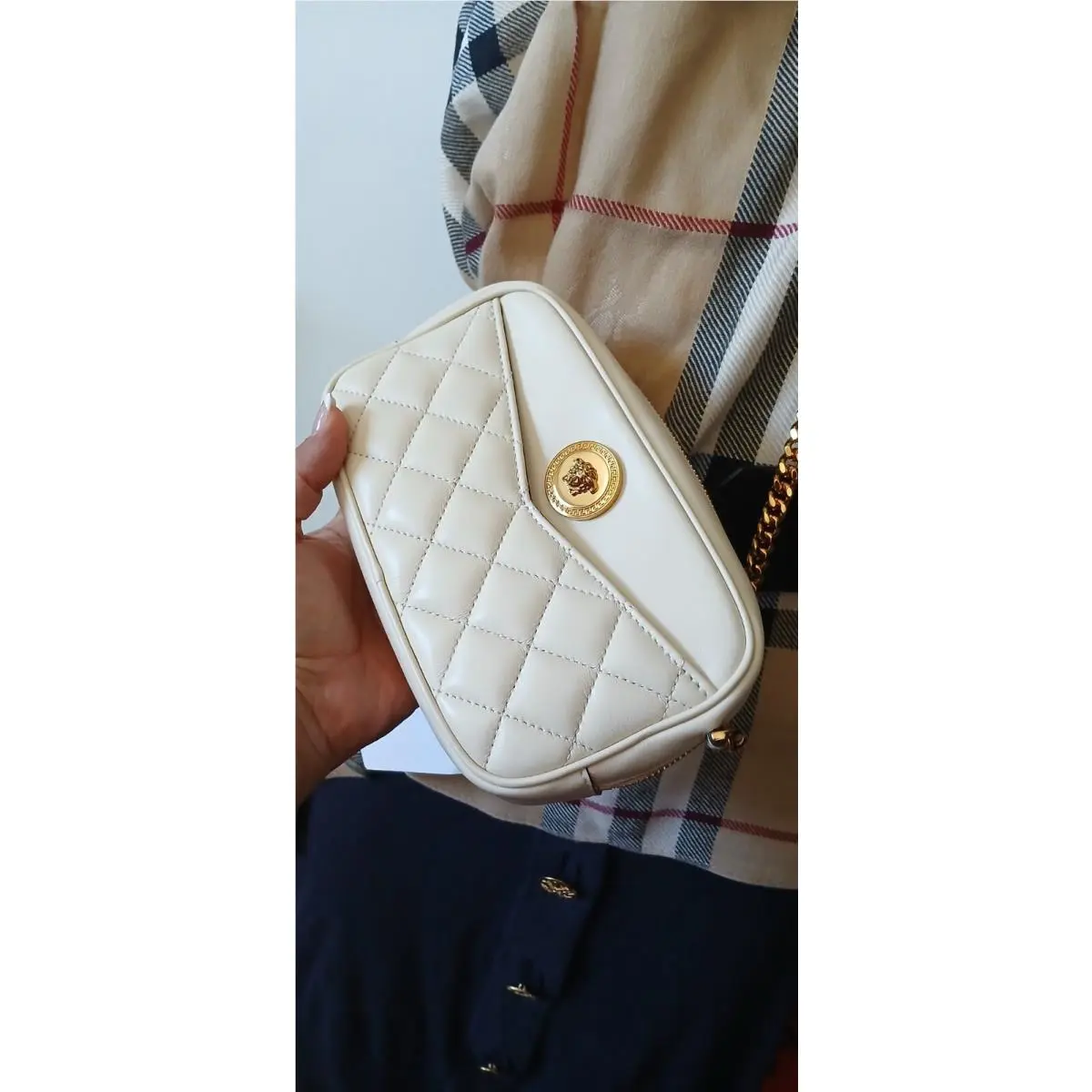 Versace Medusa Quilted Lambskin Leather Small Crossbody Camera Beige