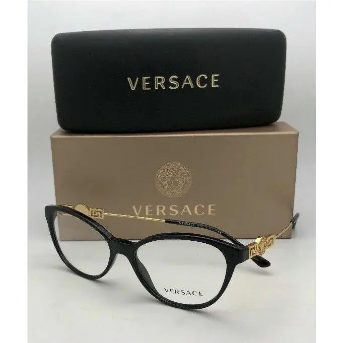 Versace Eyeglasses 3215 GB1 52-15 Gold Black Cat Eye Frame w/ Medusa Logo
