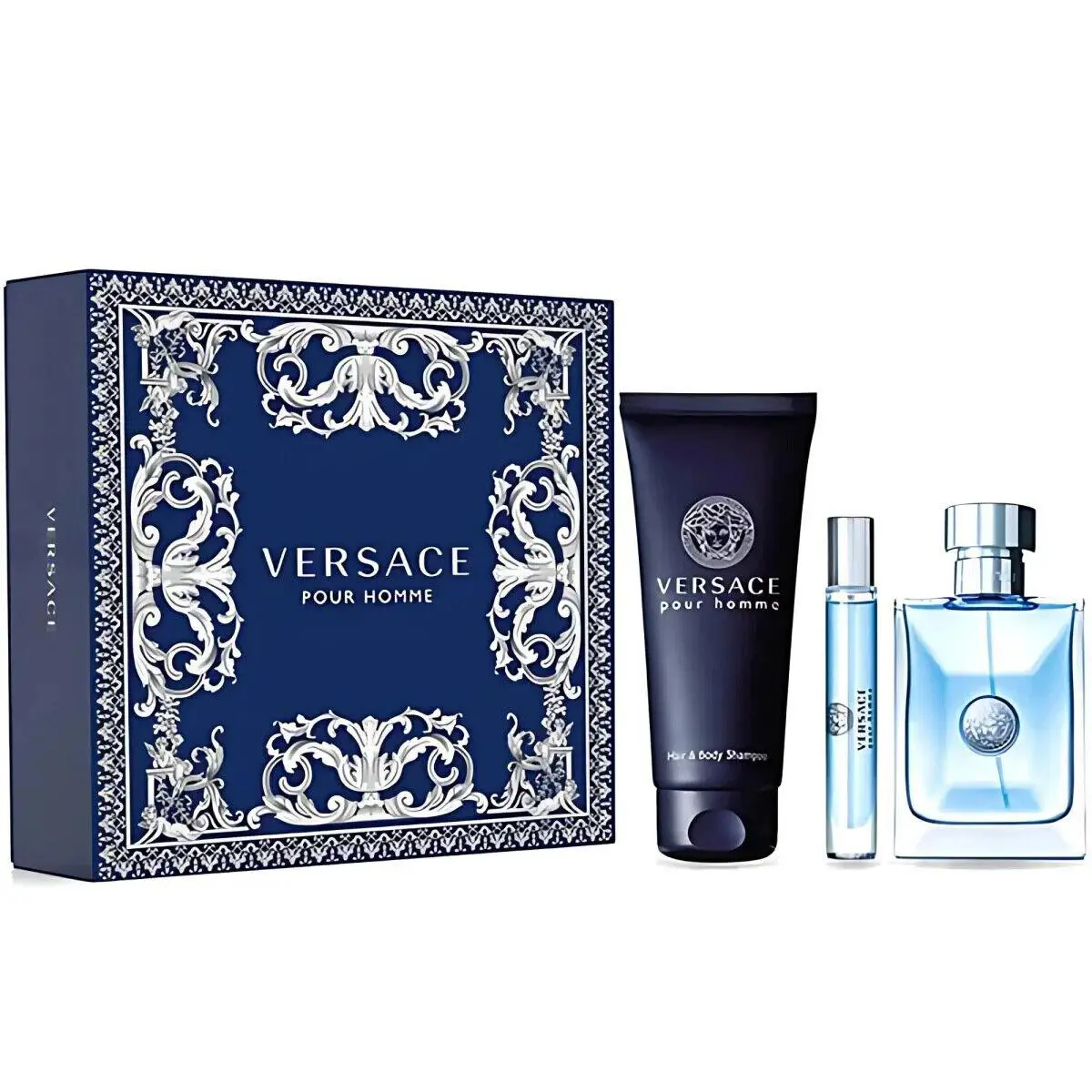 Pour Homme Cologne For Men 3 Pcs Set 3.4 oz Edt Spray + Mini + Shampoo by Versace