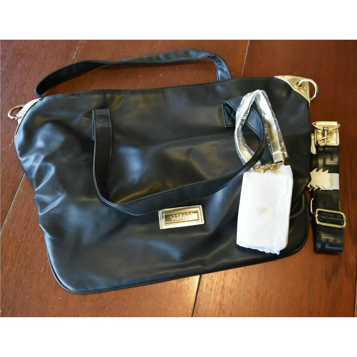 Versace Womens Tote Large Size Bag Black/gold Handbag Purse Versace Perfume Tote