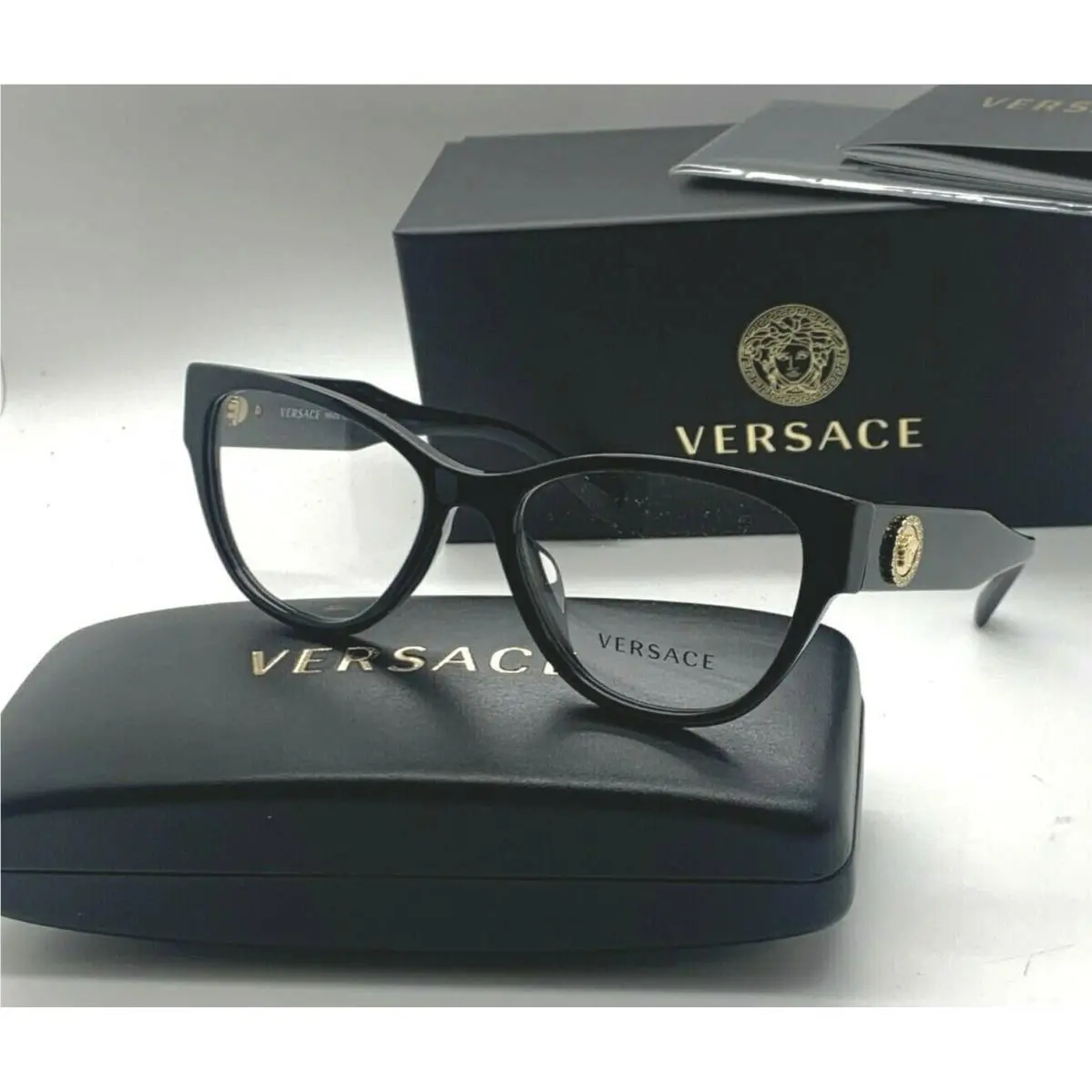 Versace Eyeglasses MOD.3281-B-A GB1 53-17 Black Gold Cat Eye Frames W/crystals