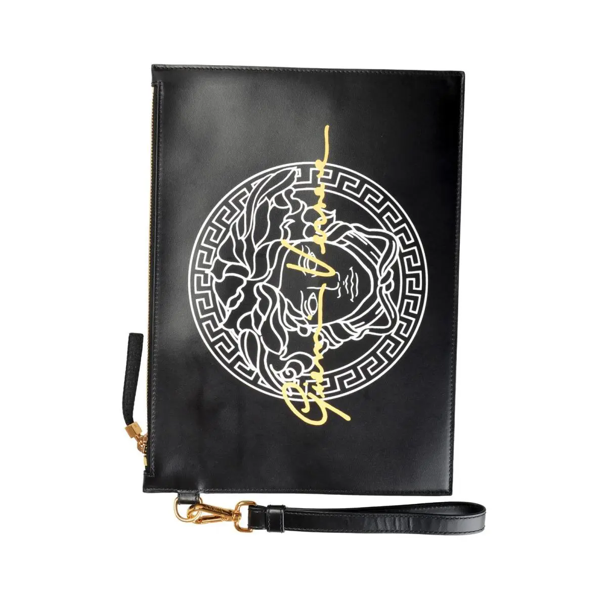 Black Leather Medusa Logo Print Large Wristlet Clutch by Versace
