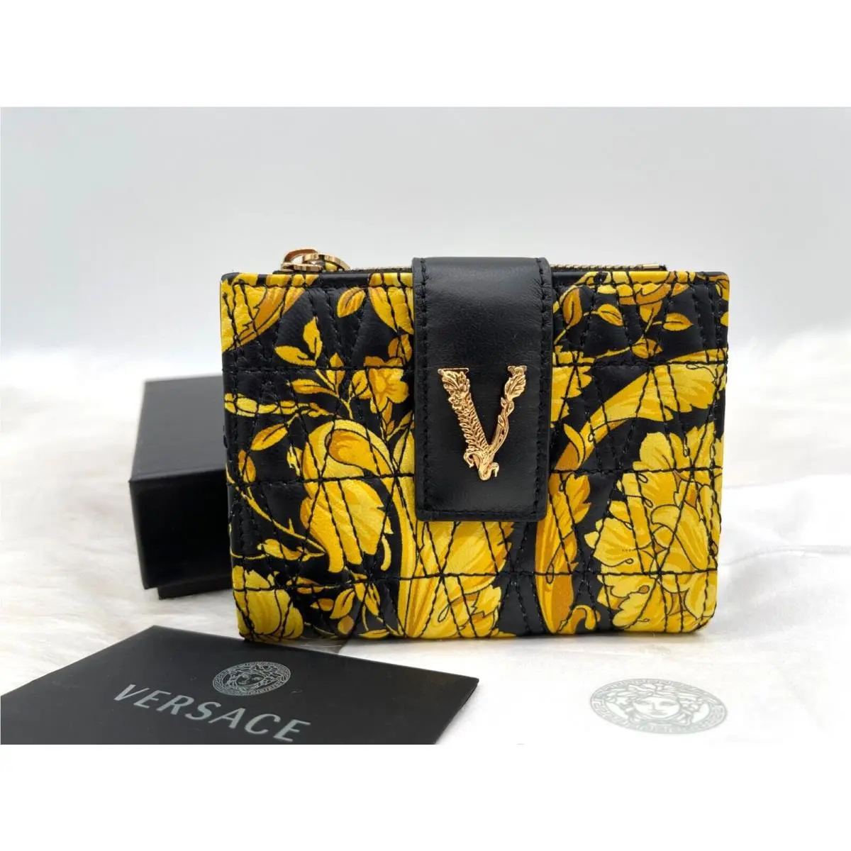 Versace Virtus Barocco Quilted Silk Twill Leather Bi-fold Wallet