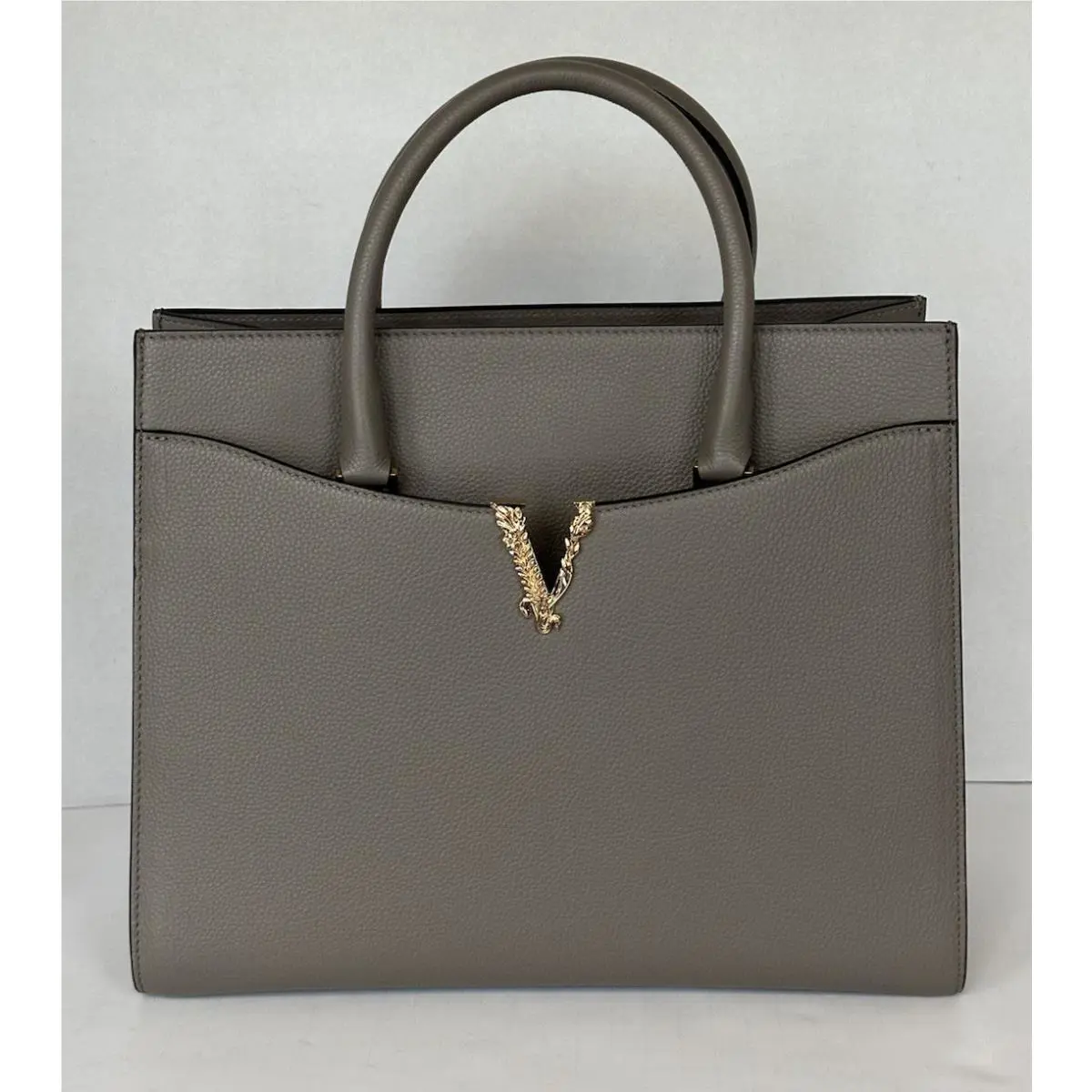 Versace Virtus Grainy Calf Leather Grey Large Top Handle Bag 1005961 IT