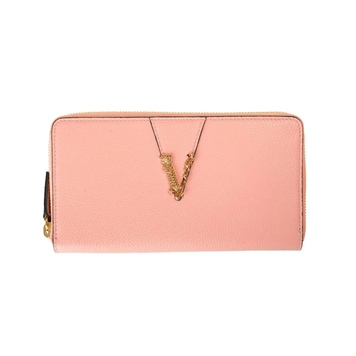 Versace Women`s Pink Pebbled Leather V-logo Zip Around Wallet