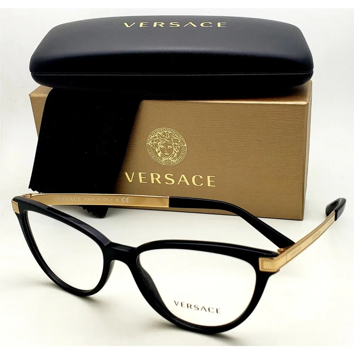 Classic Versace Eyeglasses Mod. 3271 GB1 54-16 Cat Eye Black Gold Frames