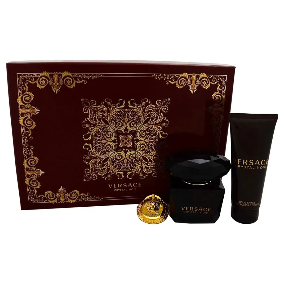 Versace Crystal Noir 3PC Set Edp Spray 3.0 OZ + B/l 3.4 Oz+ Versace Key Cha
