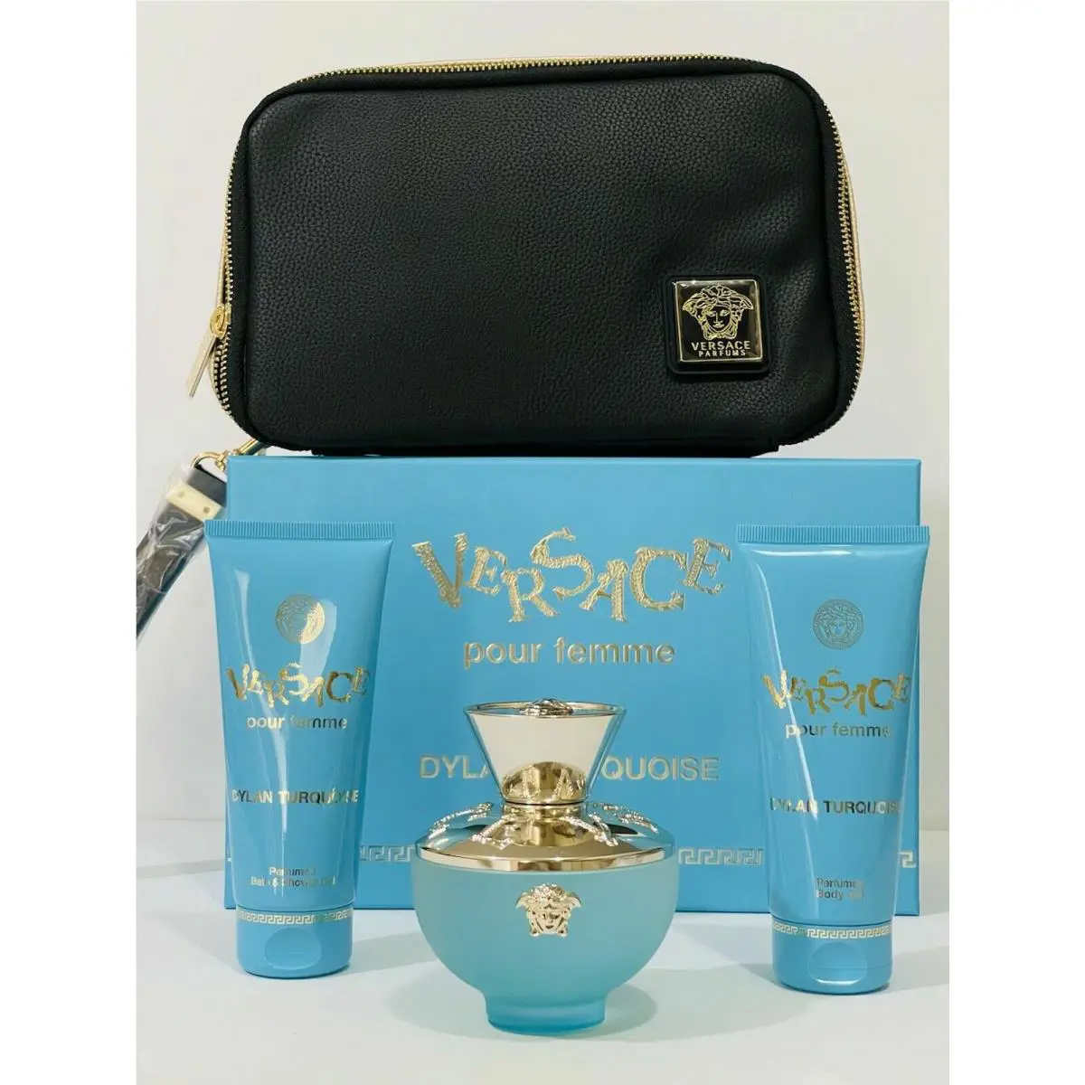 Versace Dylan Turquoise Pour Femme Gift Set Edt Spray 3.4 OZ + B/l + S/g + Pouch - Turquoise
