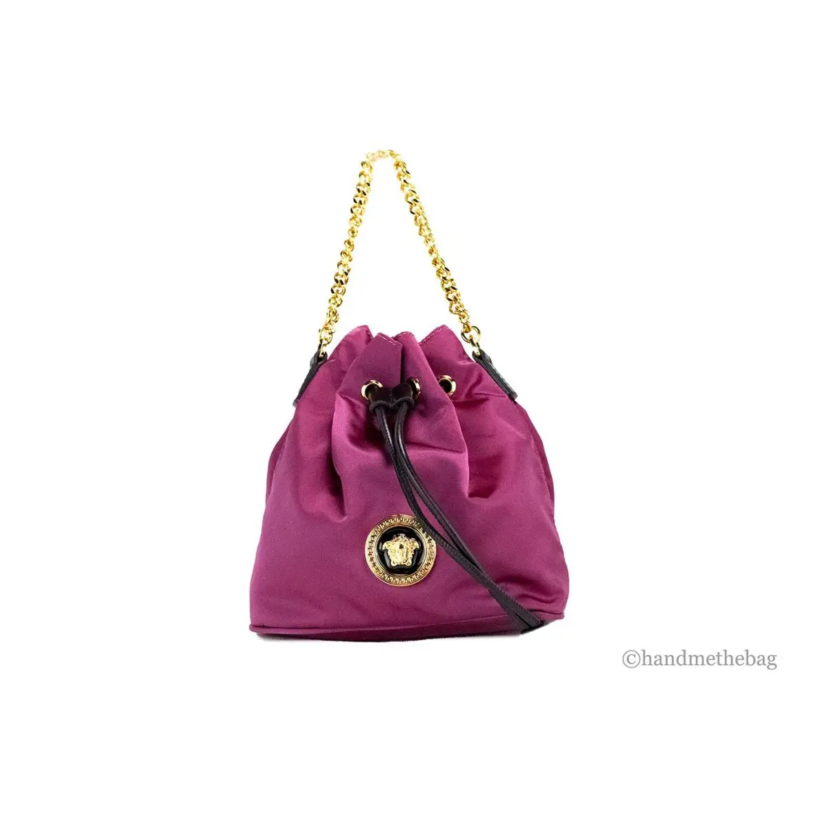 Versace Small Dahlia Nylon Medusa Pendant Bucket Chain Crossbody Bag Purse