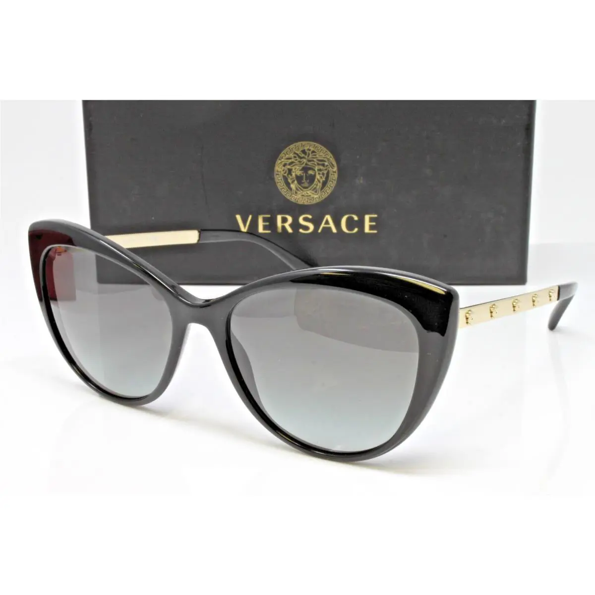 Versace Sunglasses Women`s Black Gold Cat Eye 57mm Grey Lens VE4348-GB111