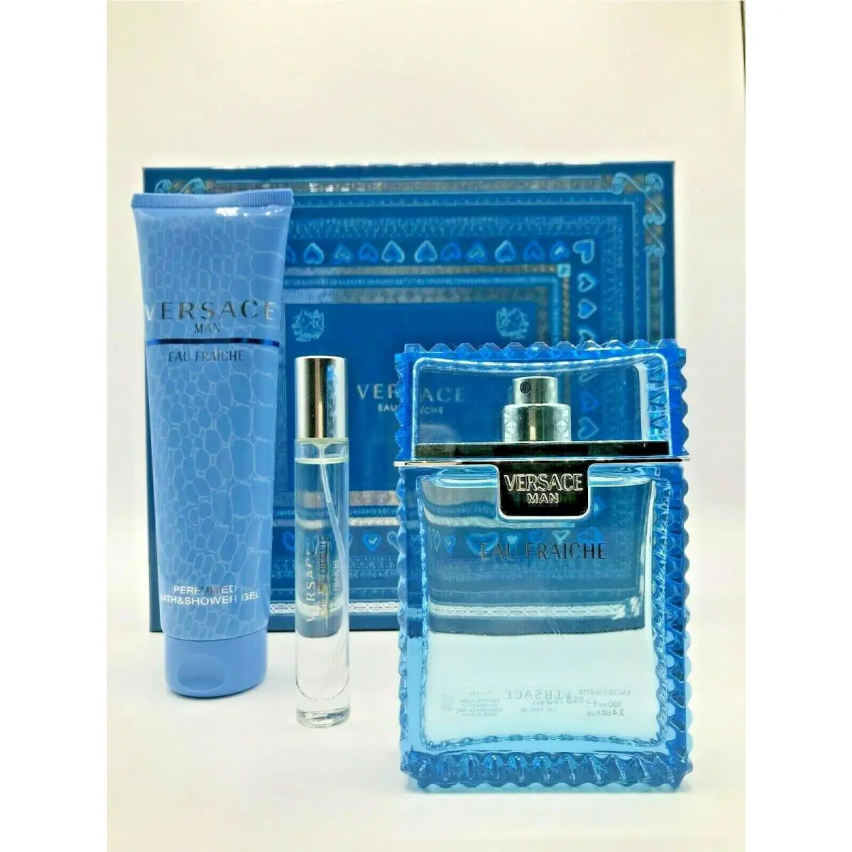 Versace Eau Fraiche 3pc Set Cologne Spray 3.4 oz Travel Spray S/gel 5.0 Huge