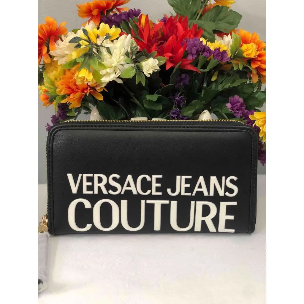 Versace Jeans Couture White Black Leather Continental Zip Around Wallet