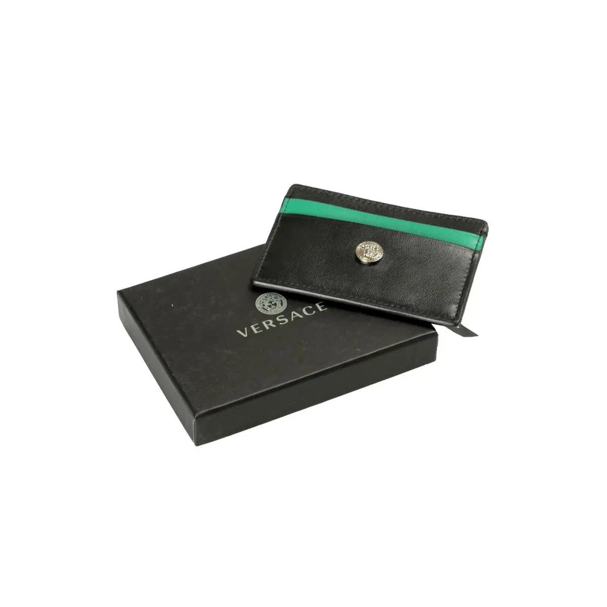 Black Green Medusa Head Leather Card Case Holder by Versace
