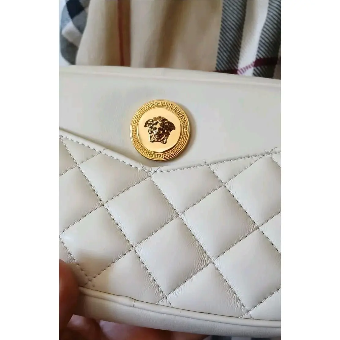 Versace Medusa Quilted Lambskin Leather Crossbody Camera Beige Authent