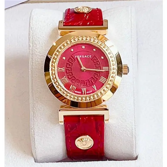 Versace Vanity Red Dial Gold Tone Women`s Swiss Watch P5Q80D800