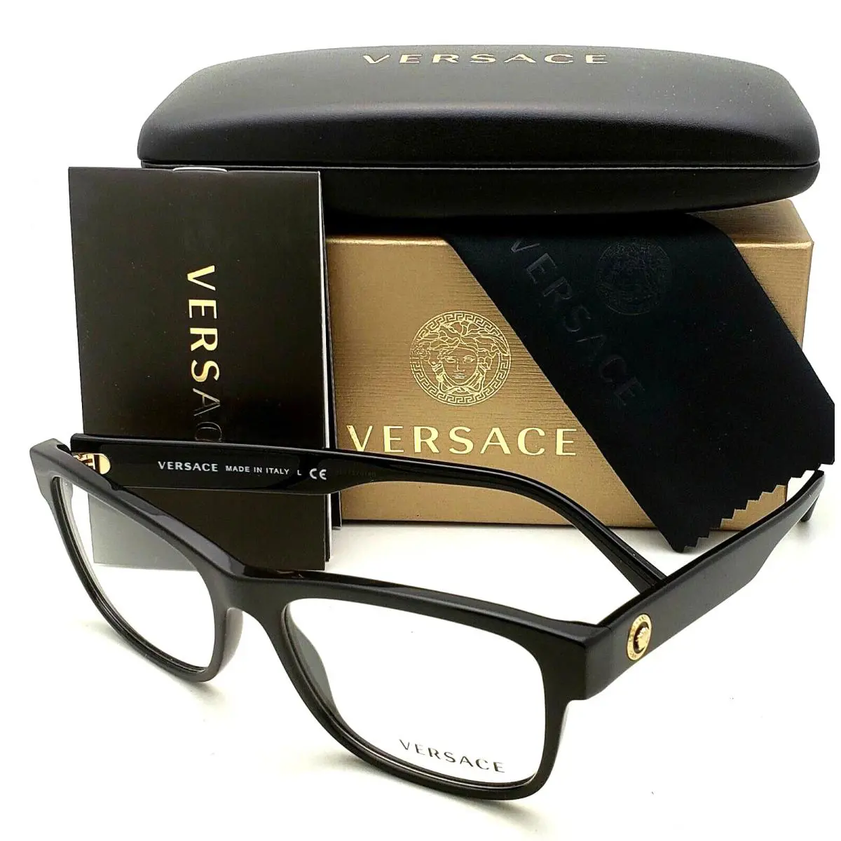 Versace Rectangular Eyeglasses Mod. 3266 GB1 55-17 Black Frames w/ Gold Logo