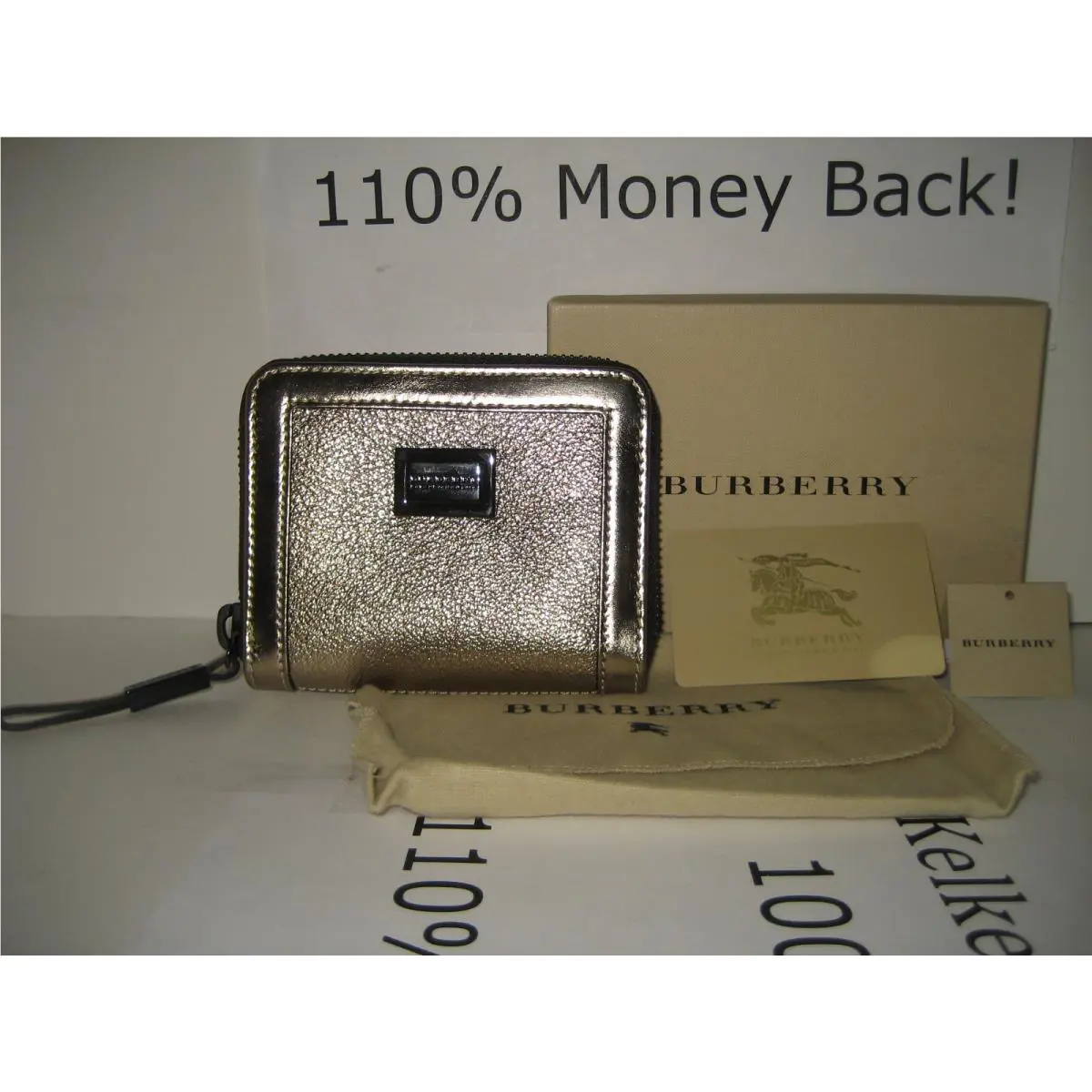 Burberry Gold Leather Ziggy Zip-around Check Coin Purse Bifold Wallet Italy