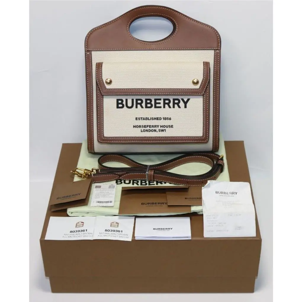 Burberry Mini Leather Canvas Pocket Bag - Natural/malt Brown - W/tags