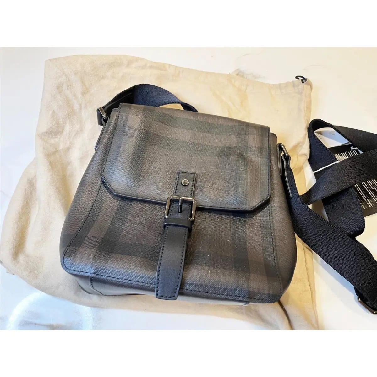 Burberry Brown Black Check Men’s Messenger Bag Pvc Leather