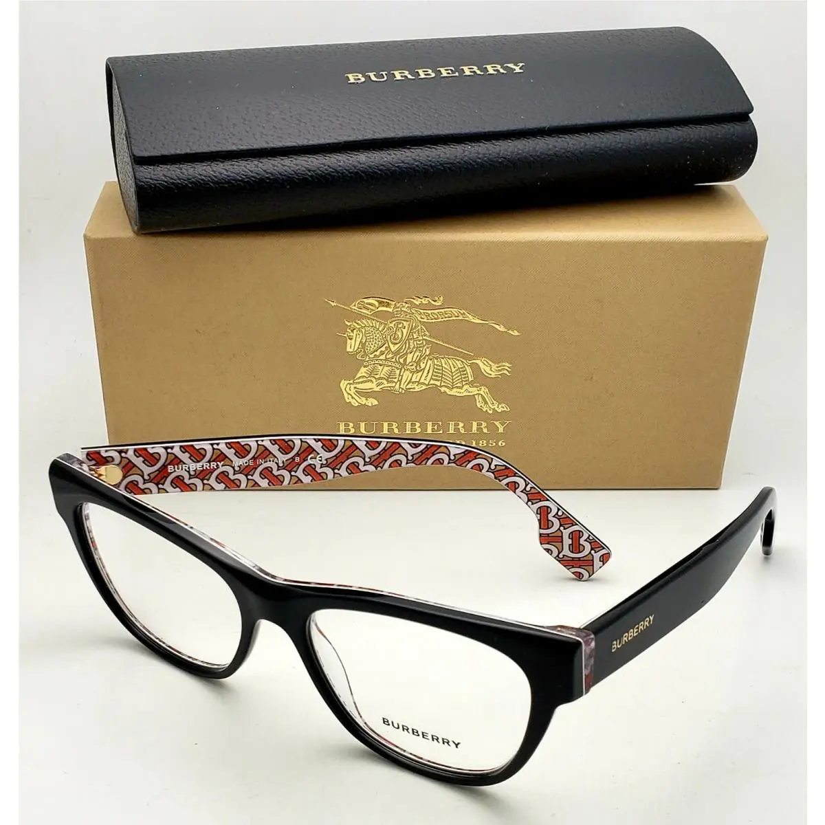 Burberry Eyeglasses B 2301 3822 51-16 Black Frames W/white Red Green Pattern
