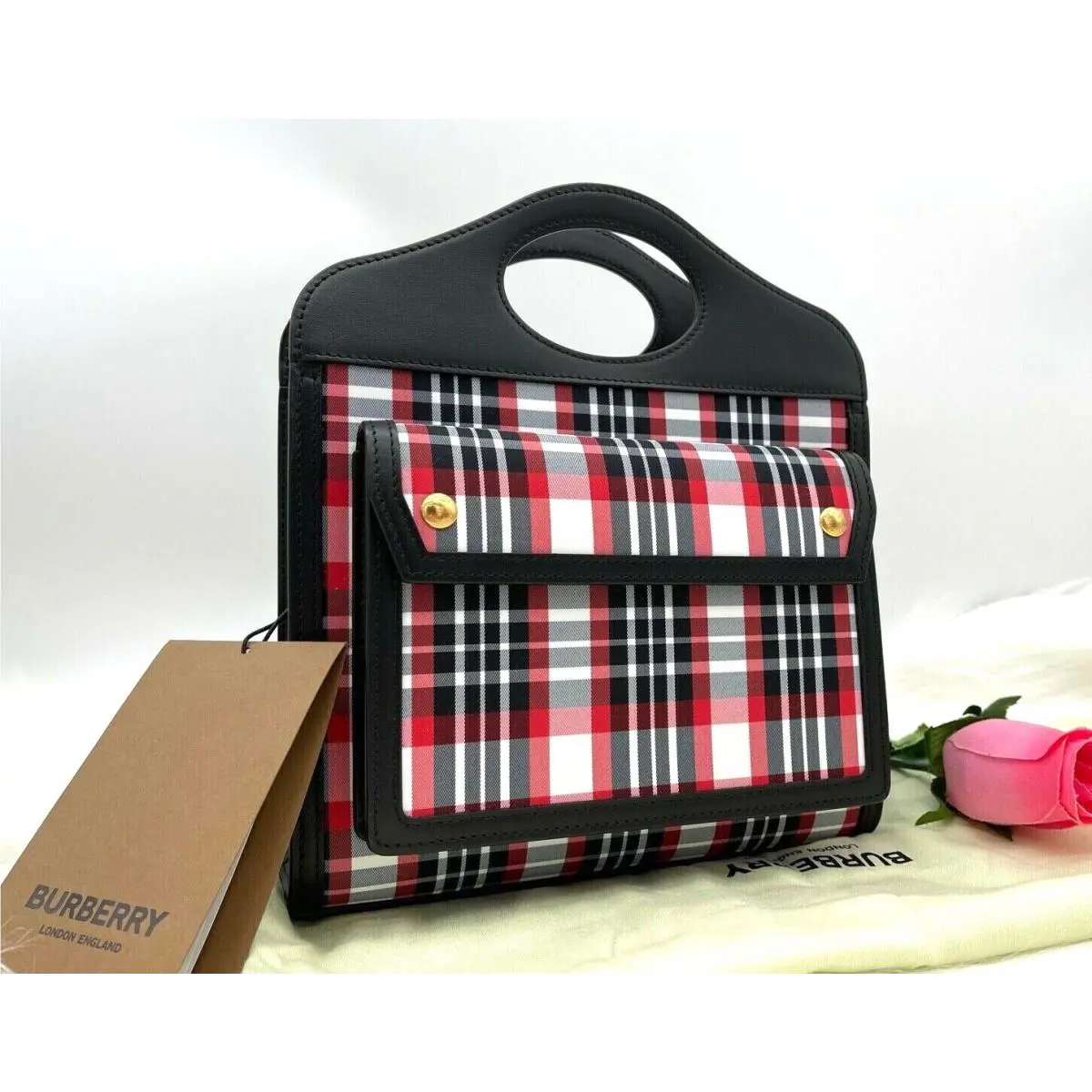 Burberry Mini Pocket Vintage Check Cotton Cutoff Handle Tote Bag In Red