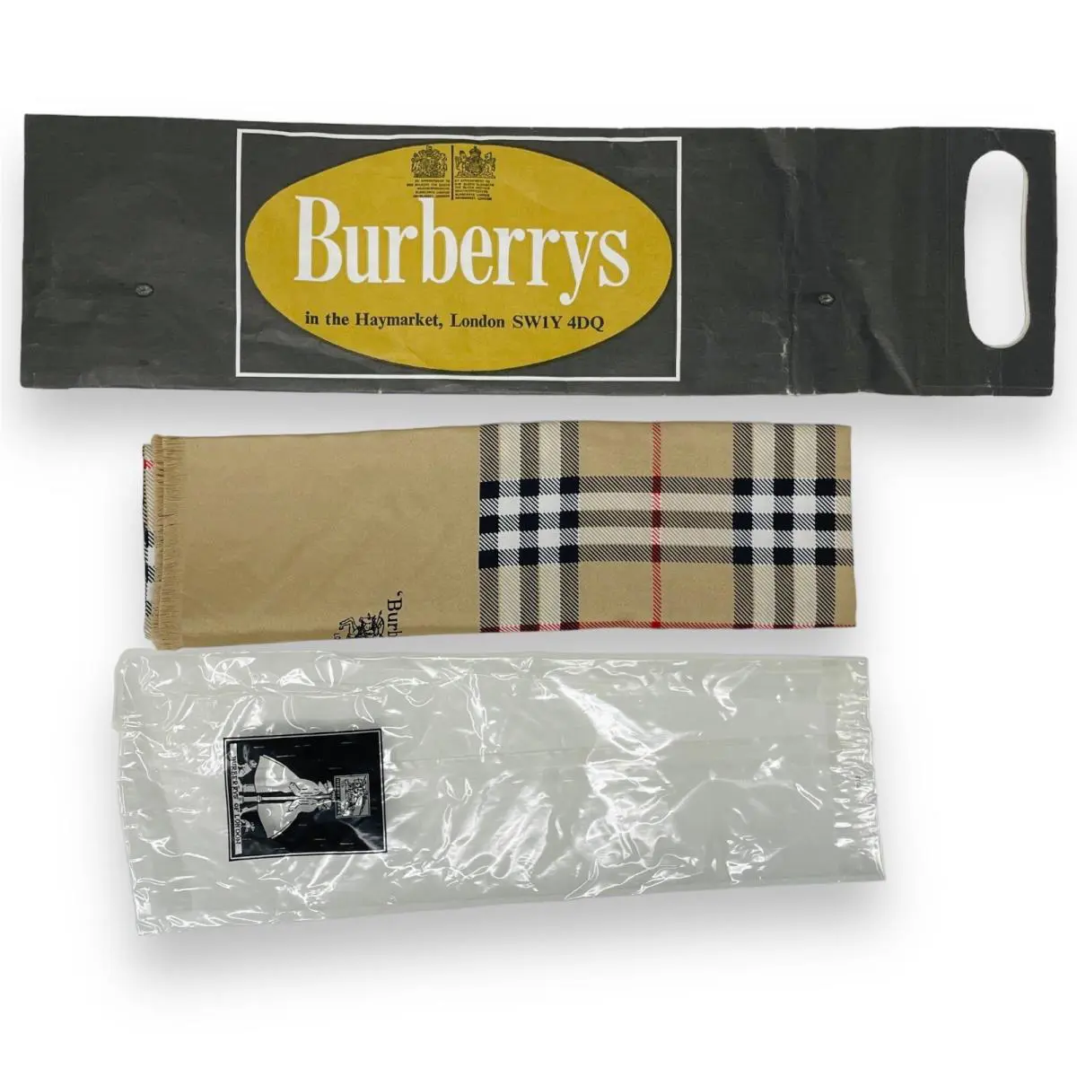 Nos Vtg Burberrys London Silk Scarf w Bag Plaid 70s 80s Deadstock
