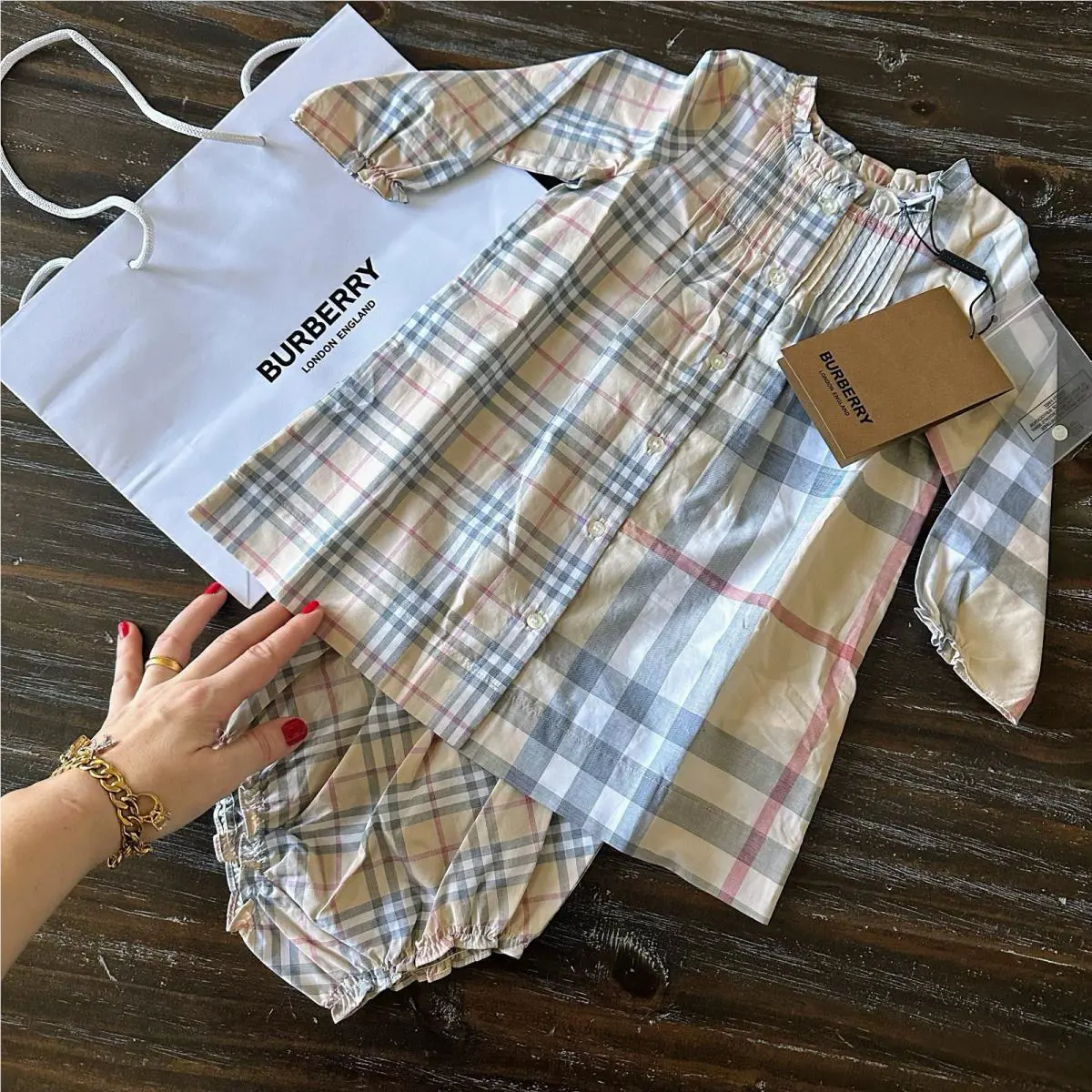 9-12 Months Burberry Baby Girl Bloomer Dress Set + Gift Bag Nova Check