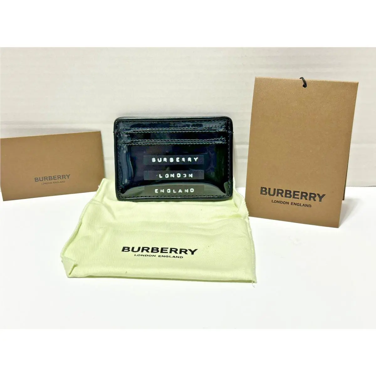 Burberry London Kingdom Black Patent Leather ID Credit Card Cash Case Wallet