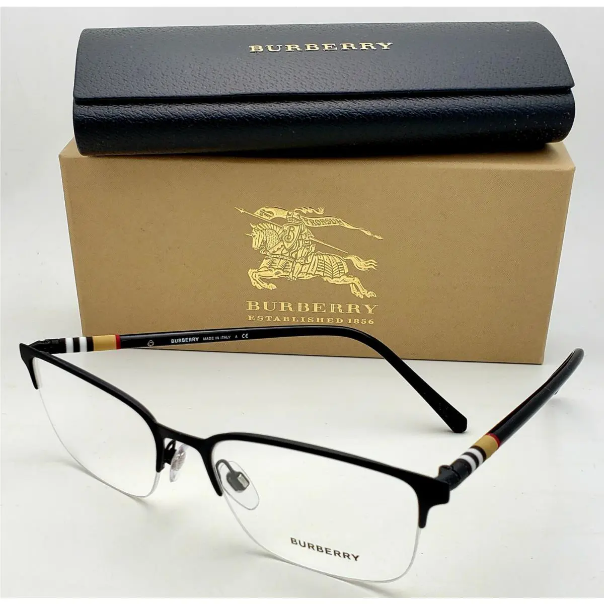 Burberry Eyeglasses B 1323 1213 54-18 Half Rim Matte Black with Plaid Design