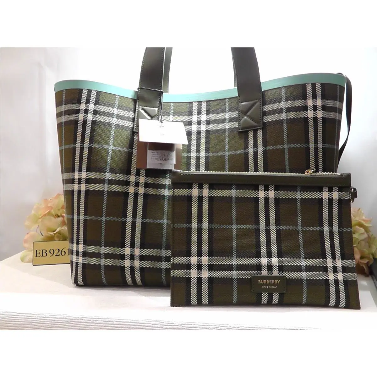 Burberry London Olive Green Medium Check Cotton Shoulder/tote Bag Italy