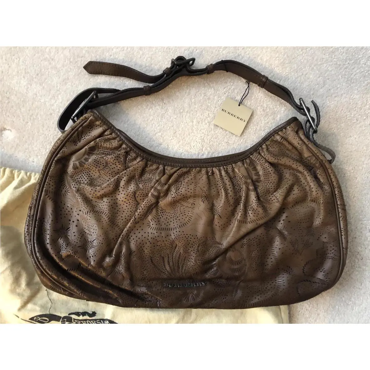 Burberry Avondale Large Brown Perforated Leather Bag Hobo Purse Handbag