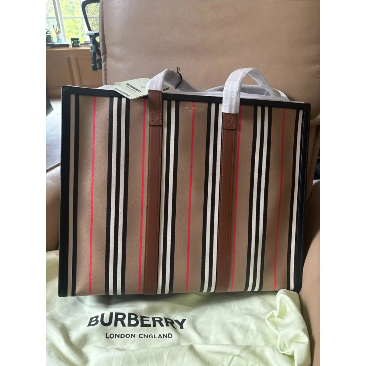 Burberry Check Tote Bag Leather Trim Classic Achieve Beige Italy 80730571