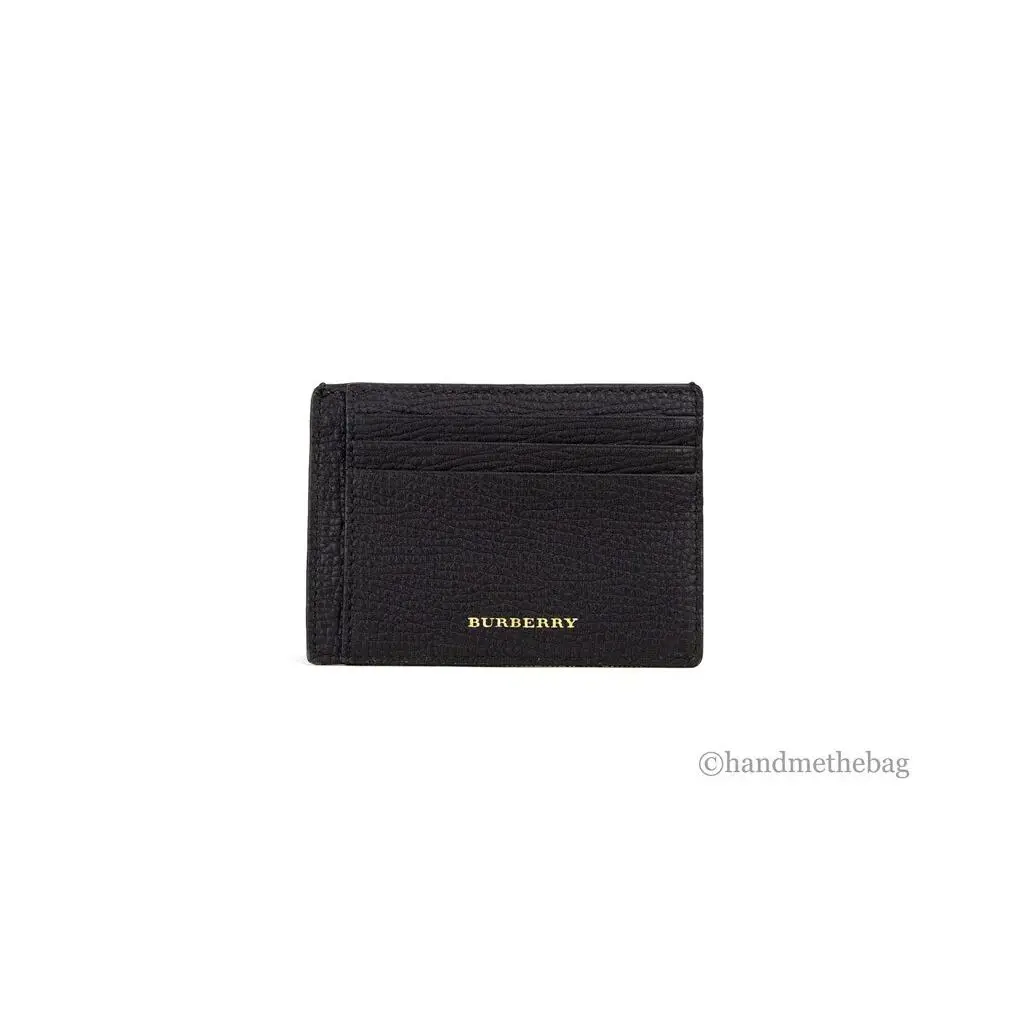 Burberry House Check Chase Black Grainy Leather Money Clip Card Case Wallet