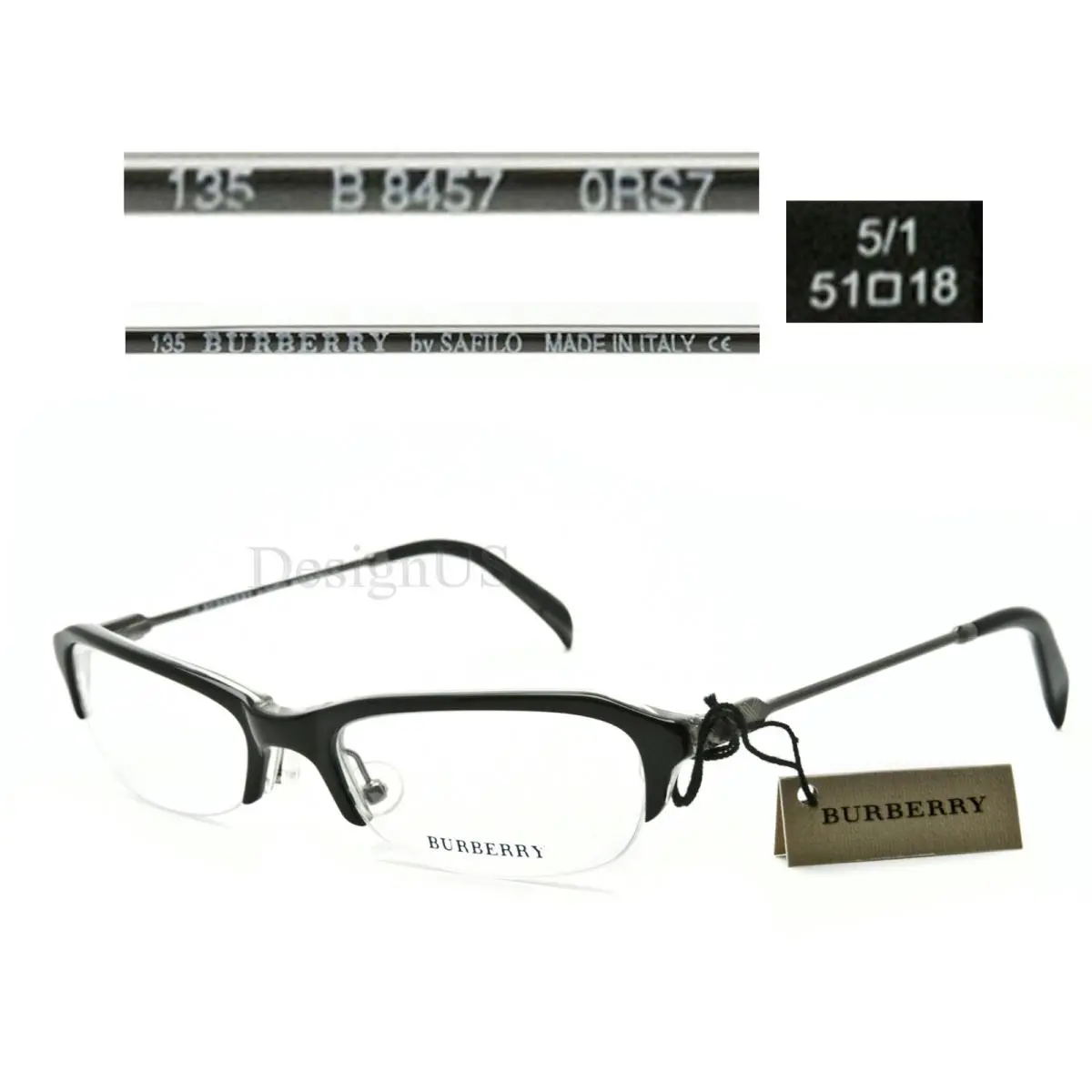 Burberry B 8457 0RS7 Half-rimless Small 51/18/135 Eyeglasses Italy