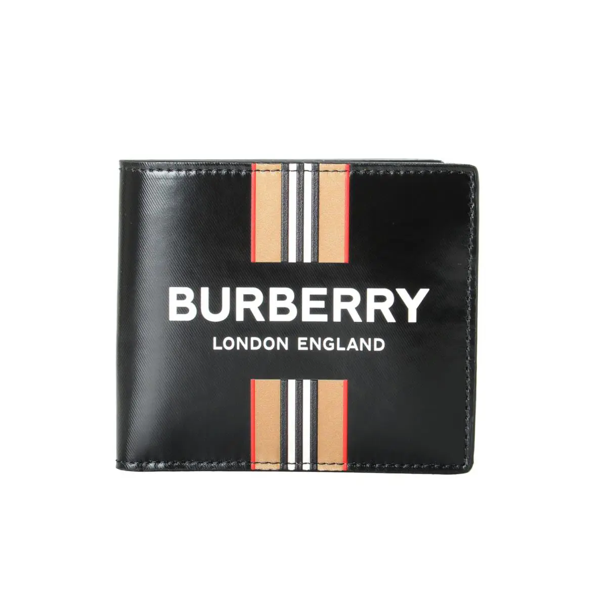Burberry Men`s Black Logo Print Leather Bifold Wallet