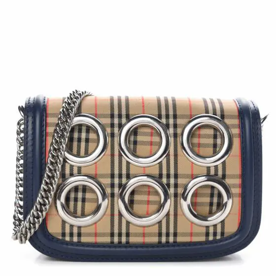 Burberry Smooth Calfskin 1983 Knight Check Eyelet Chain Shoulder Bag Ink Blue