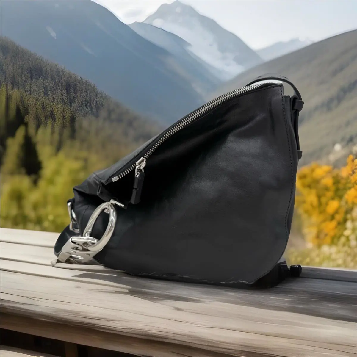 Burberry SM Knight Asymmetric Black Crinkle Leather Shoulder Bag
