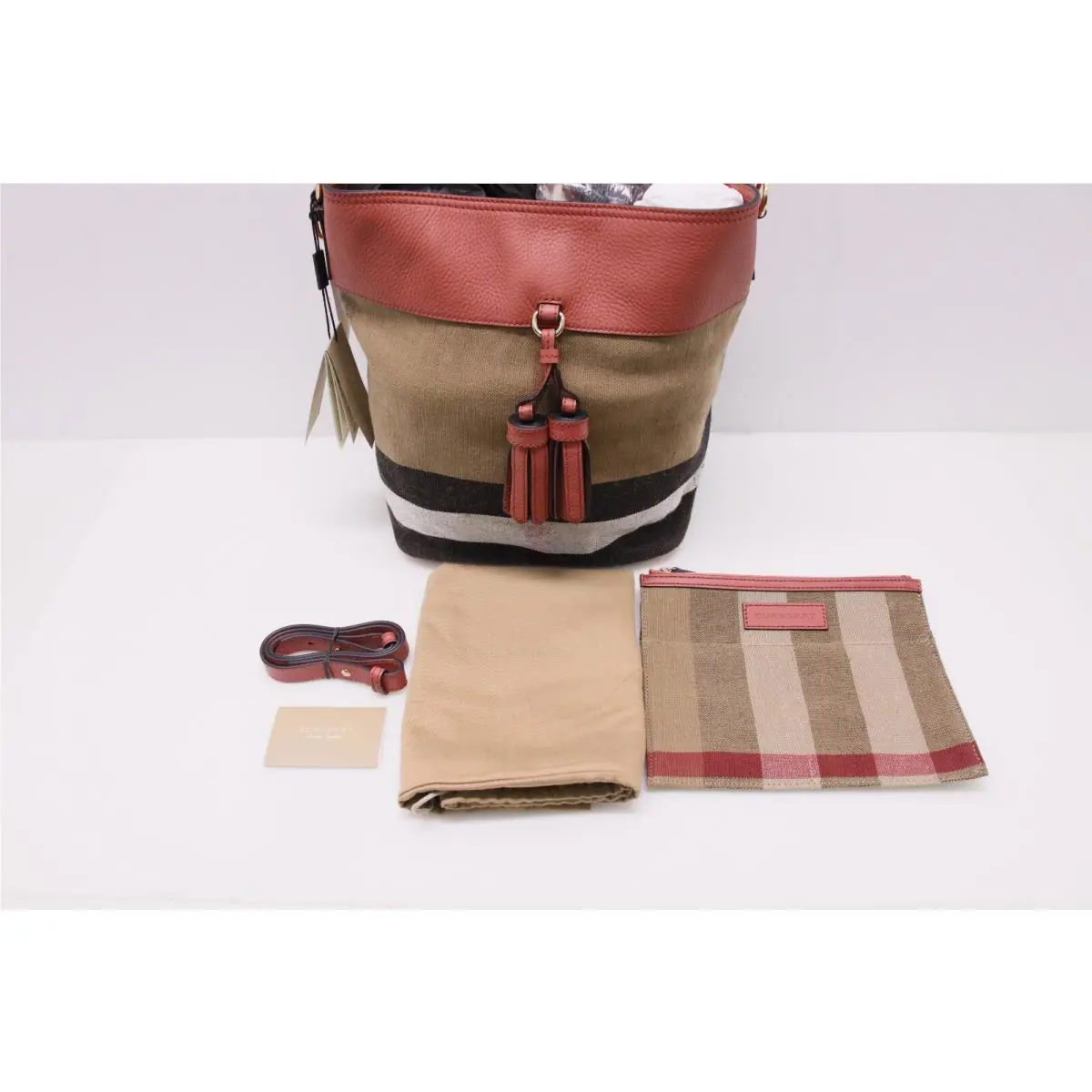 Burberry Grainy Calfskin Canvas Mega Check Medium Ashby Tassel Hobo Pink