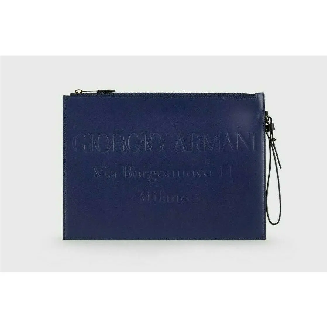 Giorgio Armani Women`s Blue Bovine Leather Tone on Tone Logo Pochette Pouch