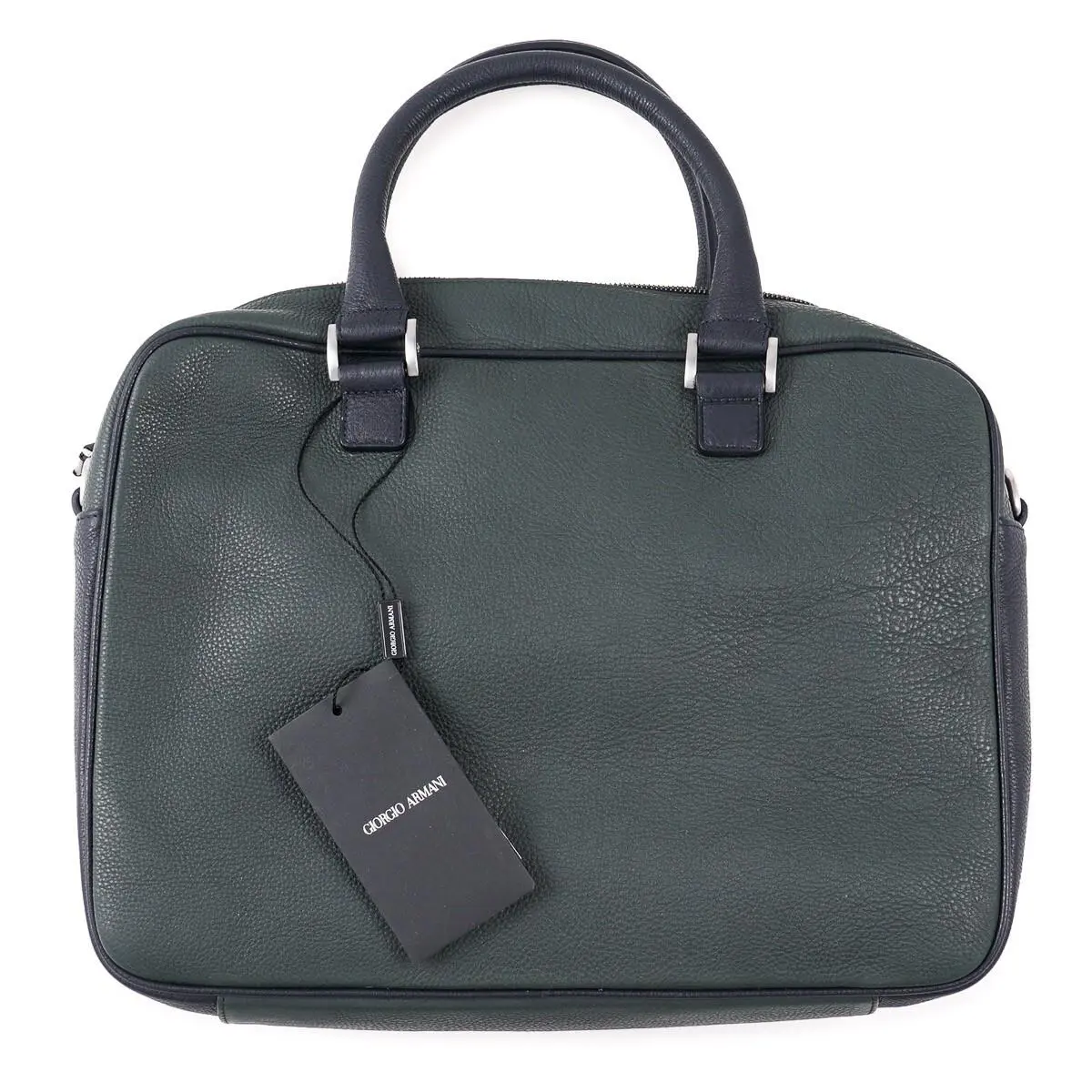 Black Label Dark Forest Green Pebbled Leather Briefcase Bag by Giorgio Armani