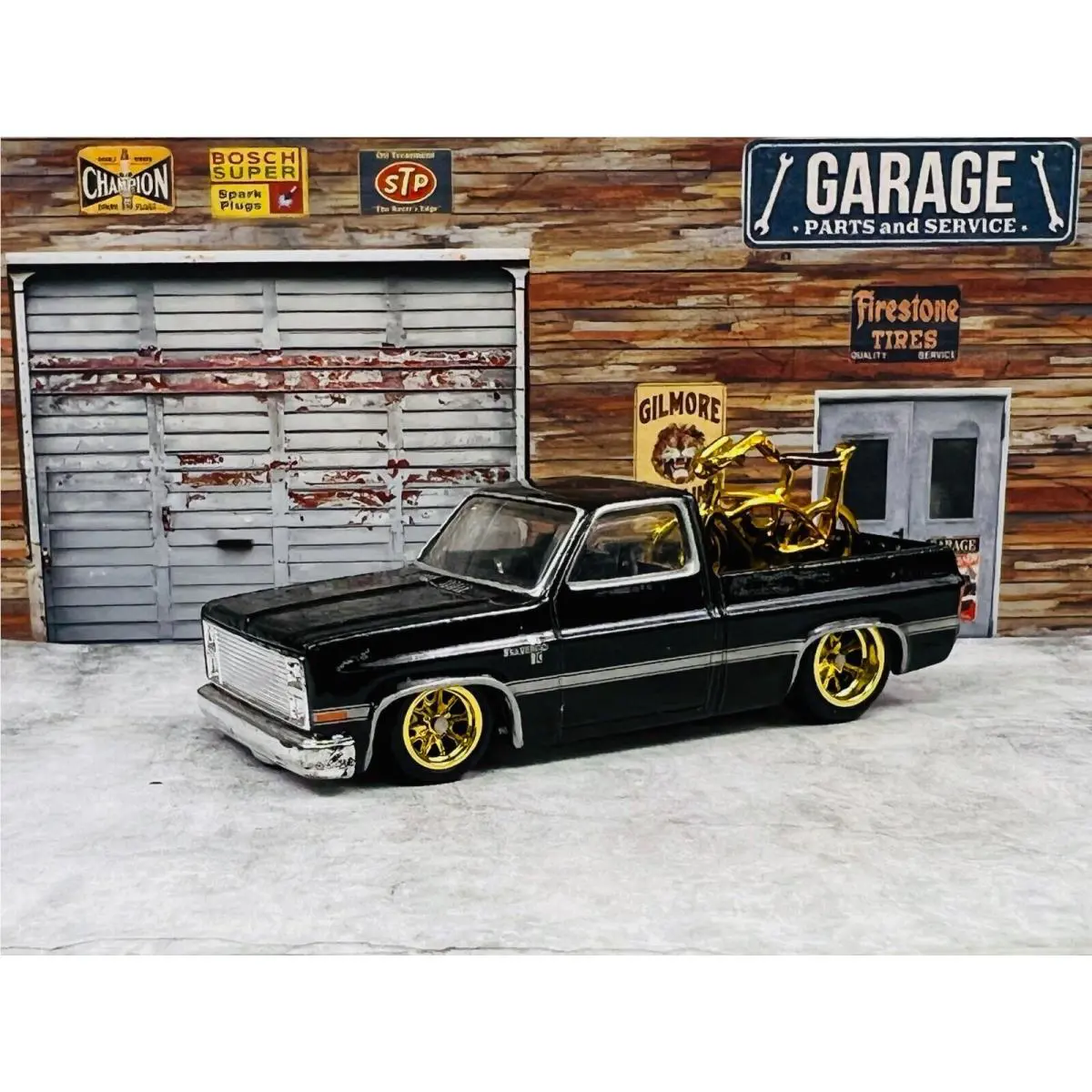 Hot Wheels 83 Chevy Silverado Custom Black/gold Wheels Bike in Back C8