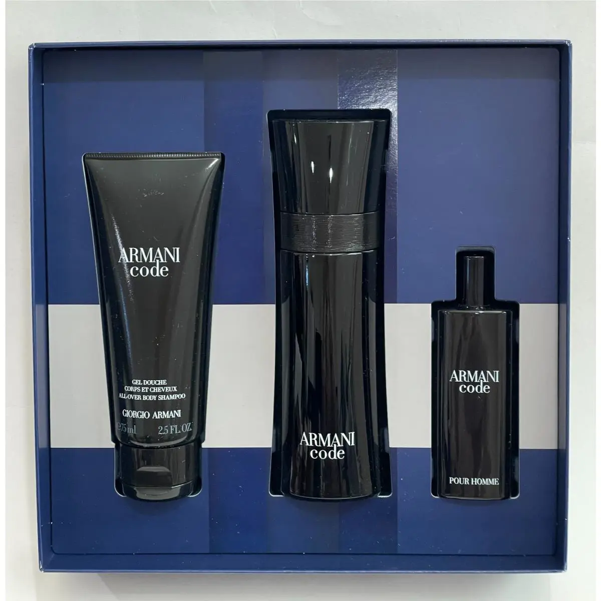 Armani Code Men`s 3 Pc Gift Set 2.5 fl oz +.5 fl oz Edt Spray 2.5 fl oz Shampoo