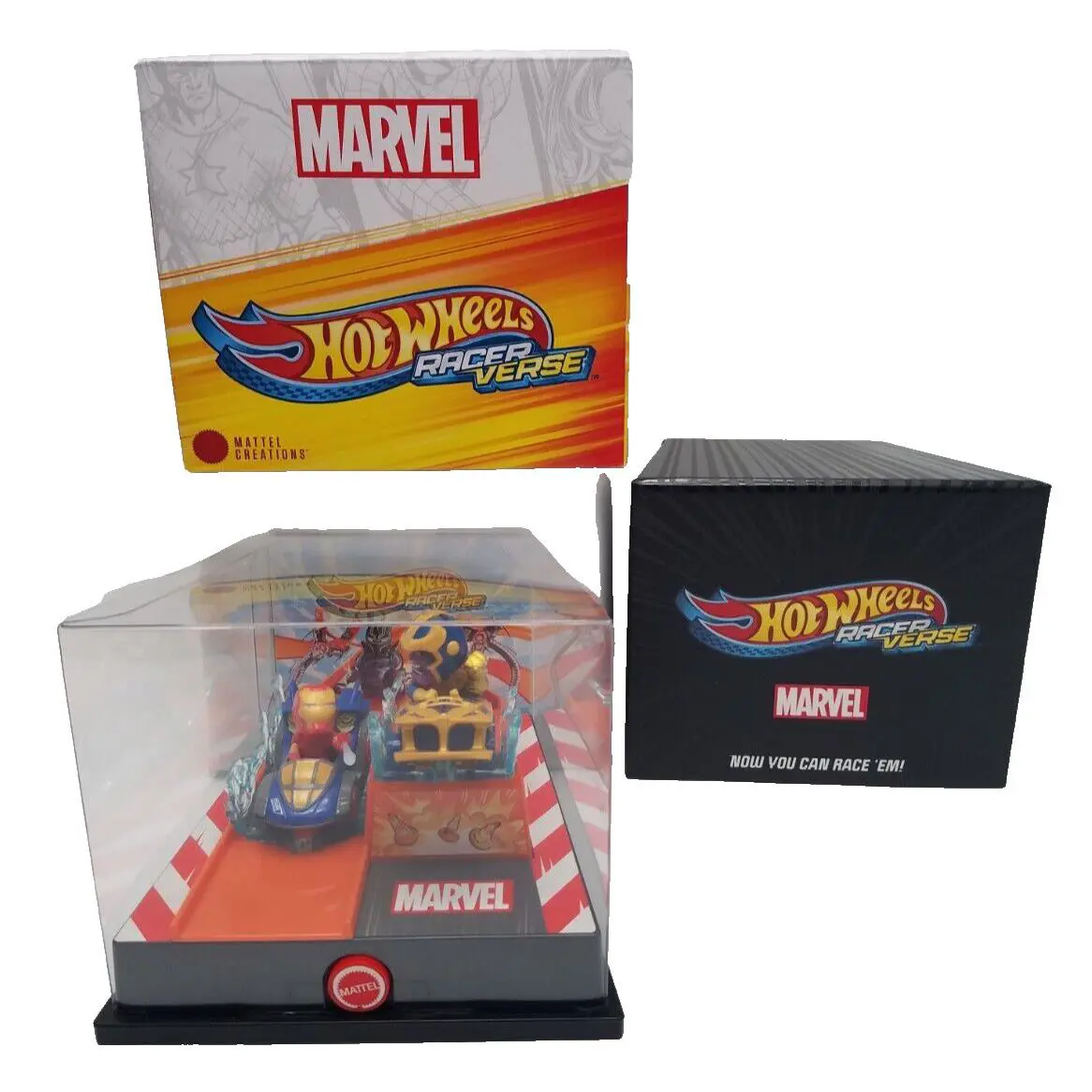 Hot Wheels Racer Verse Marvel Iron Man Thanos Die Cast Car Set with Lights
