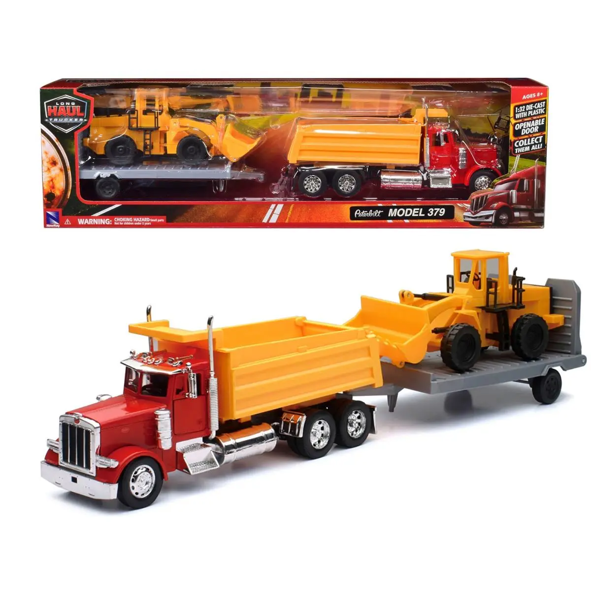 Peterbilt 379 Dump Truck Red Wheel Loader Yellow with Flatbed Trailer Series