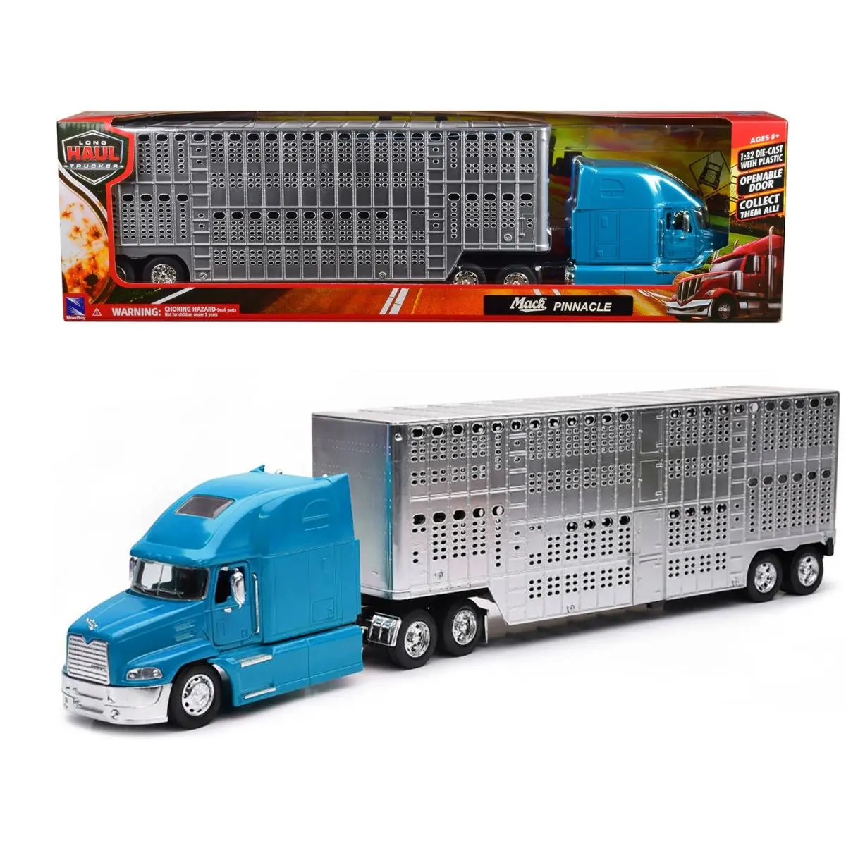 Mack Pinnacle Pot Belly Livestock Trailer Blue Chrome 1/32 Diecast Ray - Silver