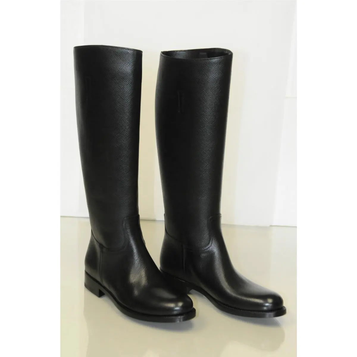Prada Black Saffiano Textured Leather Tall Riding Boots Shoes 40