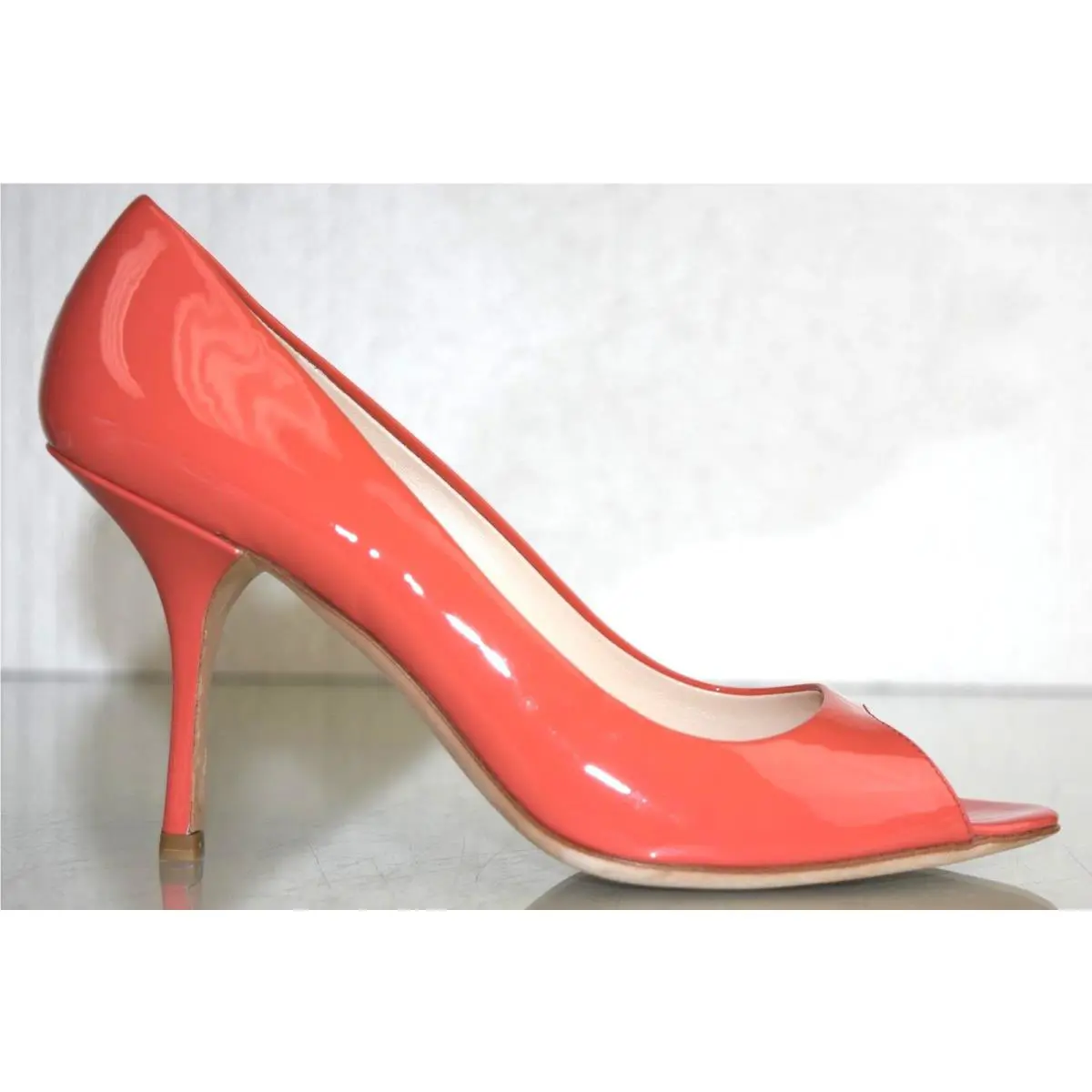 Prada Peep Toe Patent Leather Pumps Heels Coral Orange Shoes 39.5